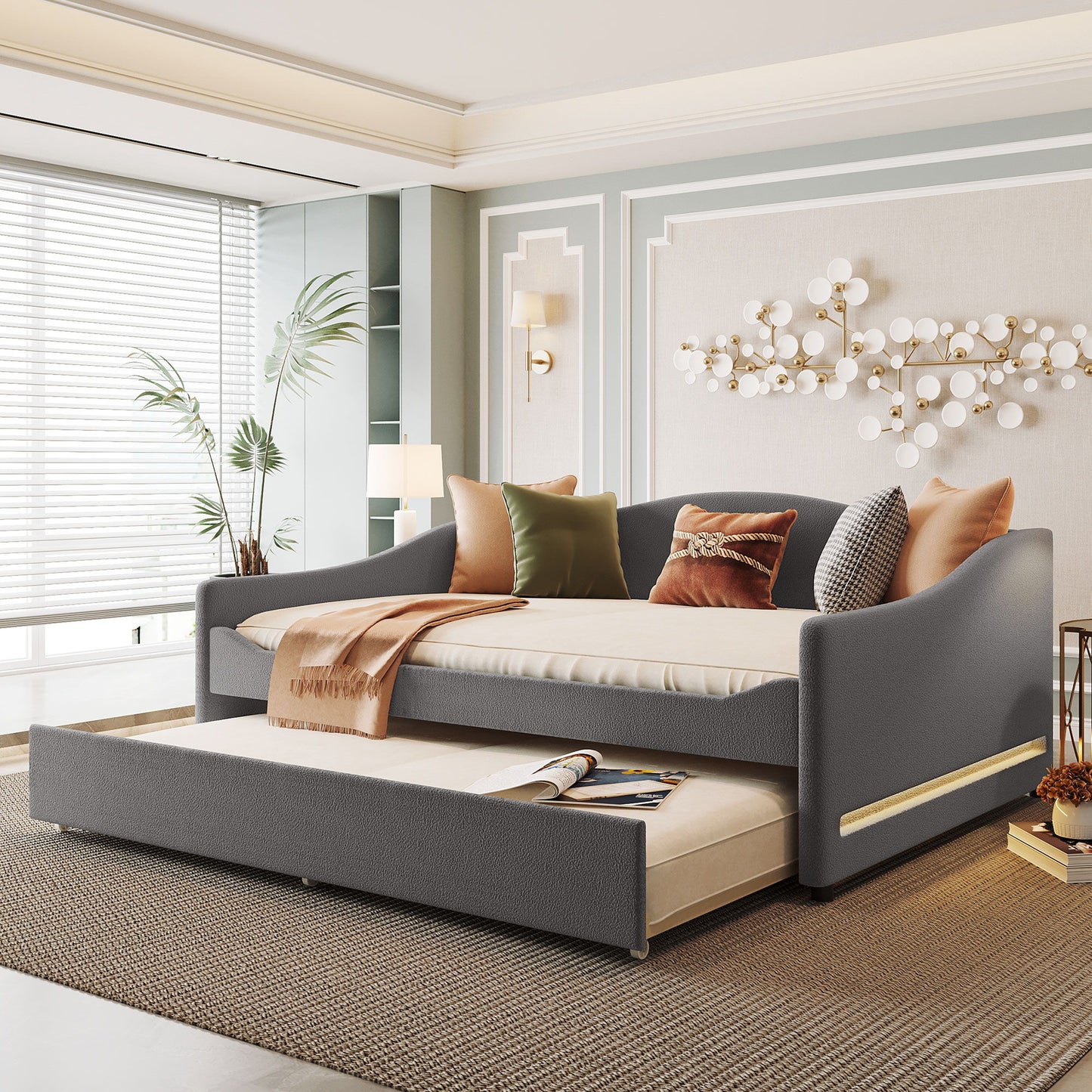 Full Size Upholstered Daybed With Light And Trundle - Gray