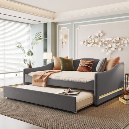 Full Size Upholstered Daybed With Light And Trundle - Gray