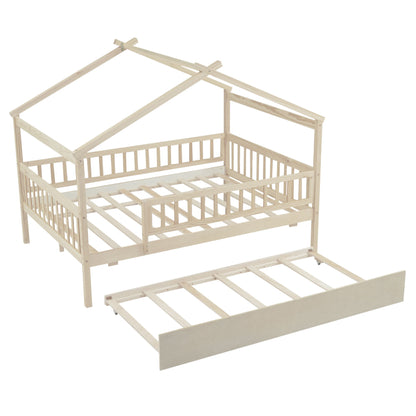 Full Size House Bed With Twin Size Trundle - Natural