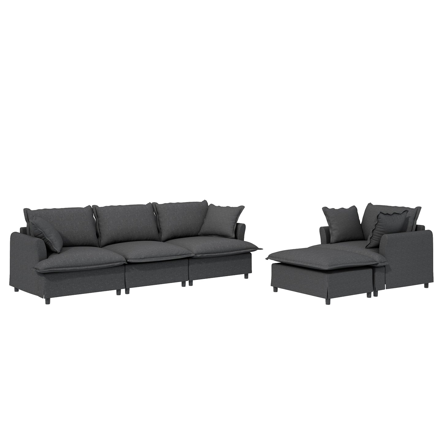 3 Piece Living Room Set Modular L Shaped Sectional Couch Upholstered, 3 Seater Sofa & Armchair & Movable Ottoman 5 Seat - Gray