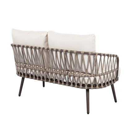 4 Piece Outdoor Patio Furniture Set, Metal Chairs With Woven Rope U Shaped Backrest, Outdoor Conversation Set With Thick Cushions And Coffee Table For Garden, Poolside, Balcony - Brown / Beige