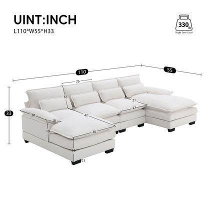 Modern U-Shaped Sectional Sofa With Waist Pillows, 6 Seat Upholstered Symmetrical Sofa Furniture, Sleeper Sofa Couch With Chaise Lounge - White