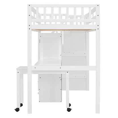 Twin Size Loft Bed With Stairs, Bookshelf, Drawers, Desk & Wardrobe, Space Saving Multifunctional Furniture - White