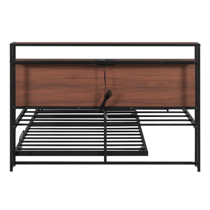 Full Size Platform Bed Frame With Trundle, USB Ports And Slat Support,No Box Spring Needed - Black