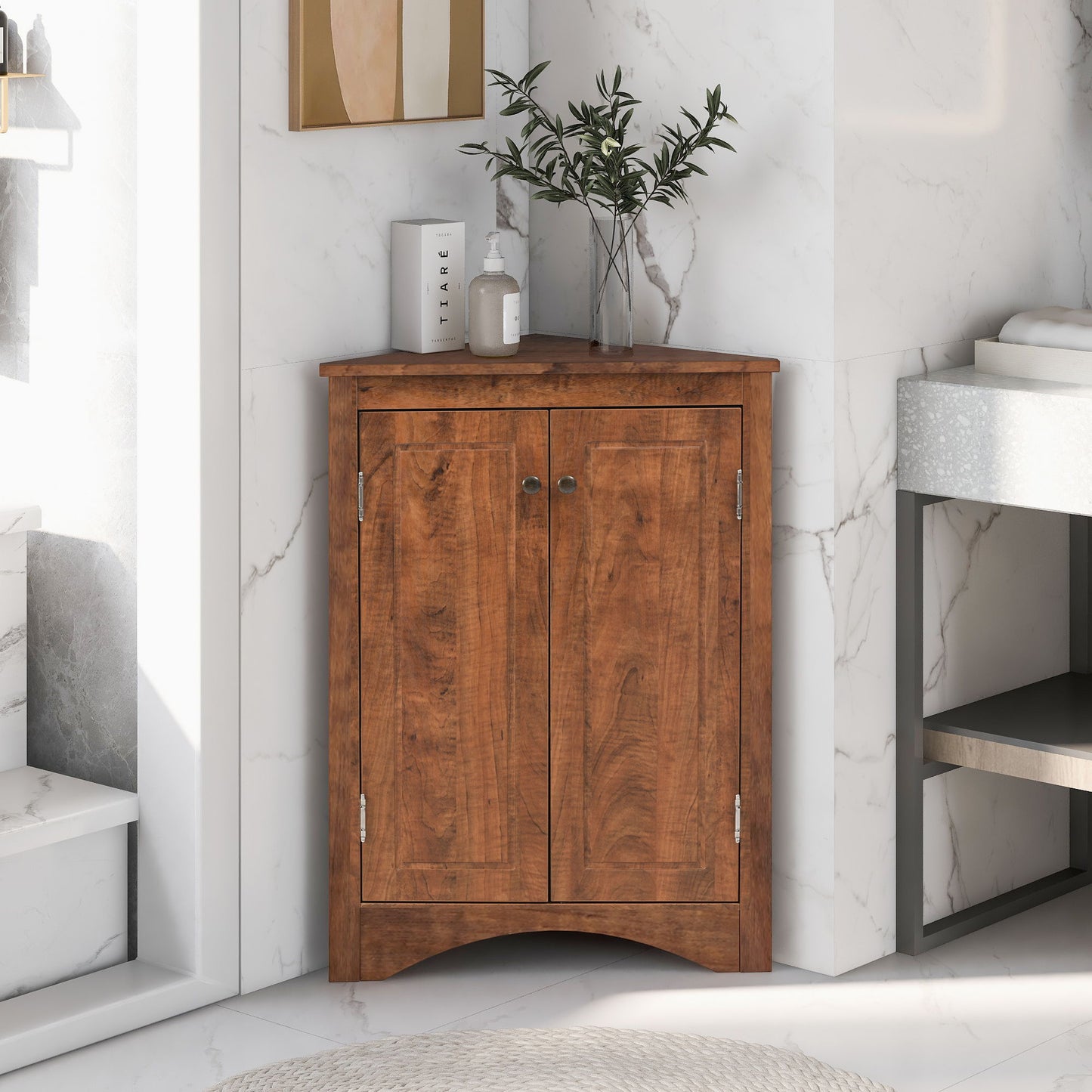 Triangle Bathroom Storage Cabinet With Adjustable Shelves, Freestanding Floor Cabinet For Home Kitchen - Brown
