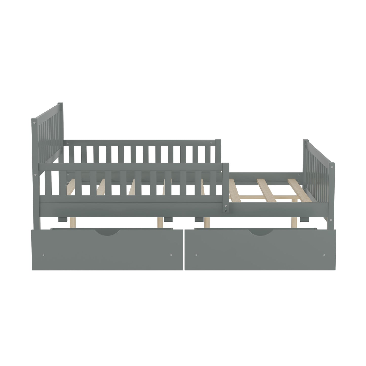 Full Size Platform Bed With Guardrails On Both Sides And 2 Storage Drawers - Gray