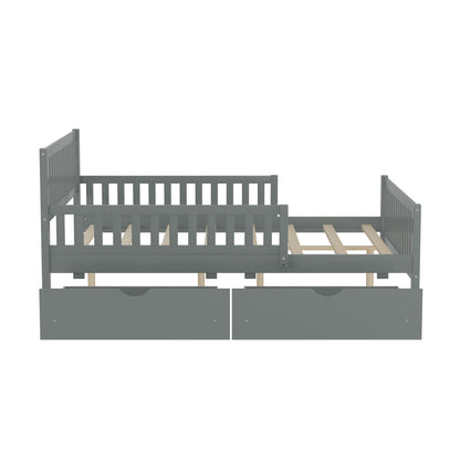 Full Size Platform Bed With Guardrails On Both Sides And 2 Storage Drawers - Gray