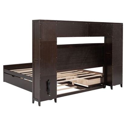 Queen Size Bed With All In One Cabinet, Shelf And Sockets, Twin Long Trundle - Espresso