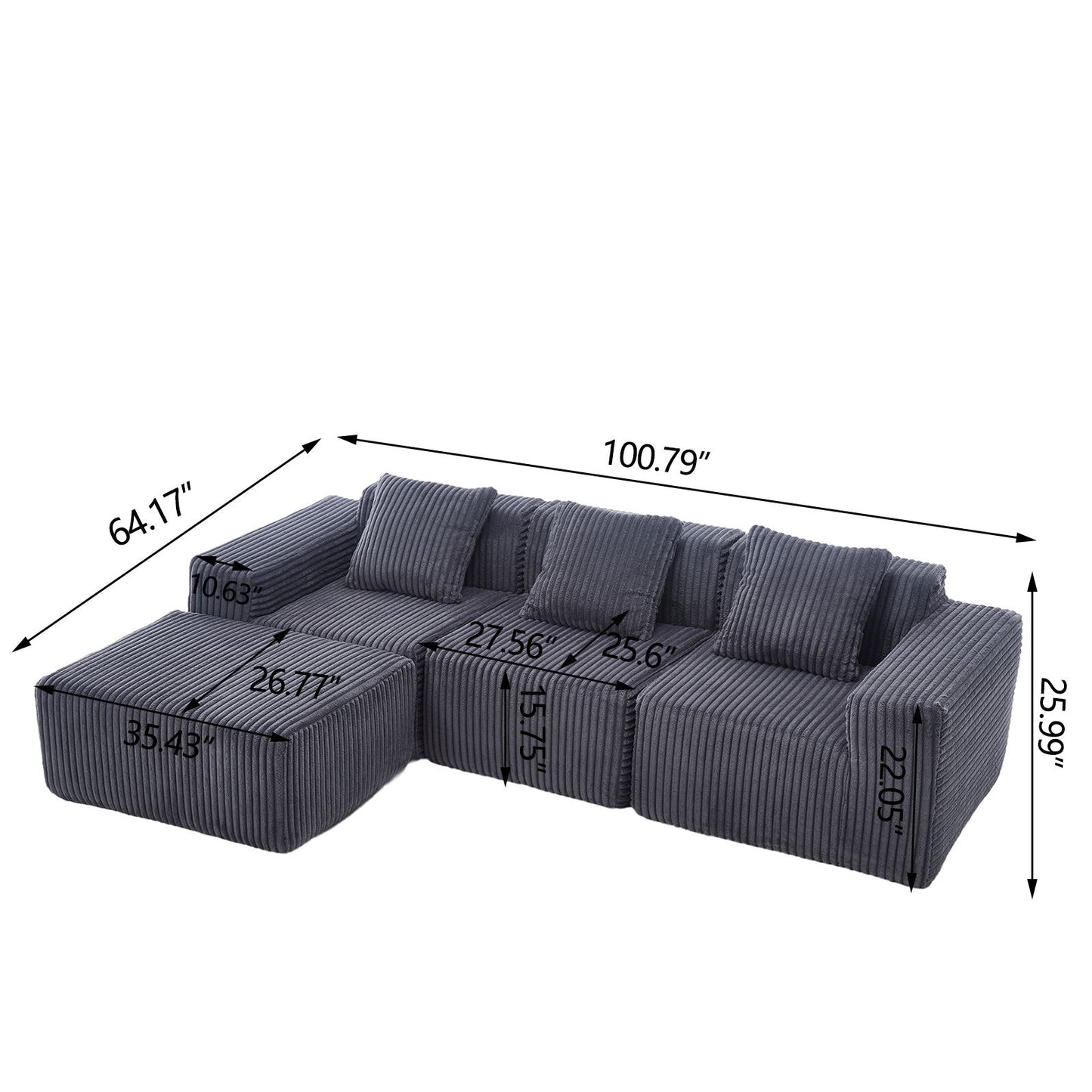 Modern Minimalist Modular Sectional Sofa With Deep Seats Upholstered L - Shape Cloud Couch, Right Facing Chaise - Dark Gray