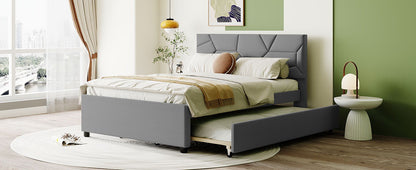 Full Size Upholstered Platform Bed With Brick Pattern Headboard And Twin Size Trundle - Gray