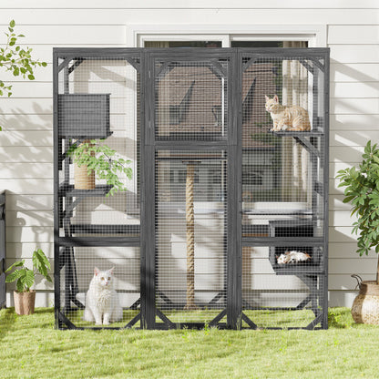 Outdoor Diy Cat House Catio With Double Enter Doors, Platforms, And Condos - Dark Gray