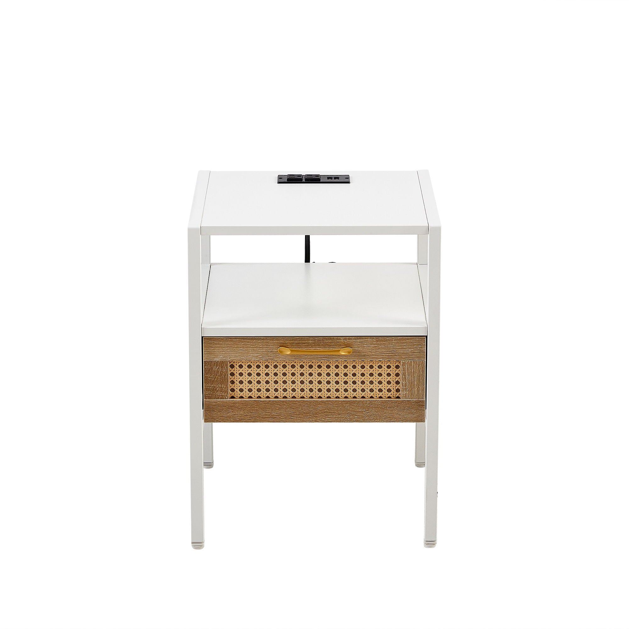 Rattan End Table With Power Outlet & USB Ports, Modern Nightstand With Drawer And Metal Legs, Side Table For Living Room, Bedroom (Set of 2) - White