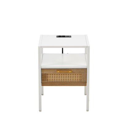 Rattan End Table With Power Outlet & USB Ports, Modern Nightstand With Drawer And Metal Legs, Side Table For Living Room, Bedroom (Set of 2) - White