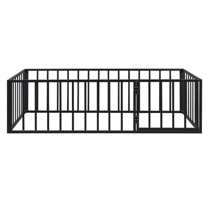 Twin Size Floor Bed Frame With Fence And Door - Black