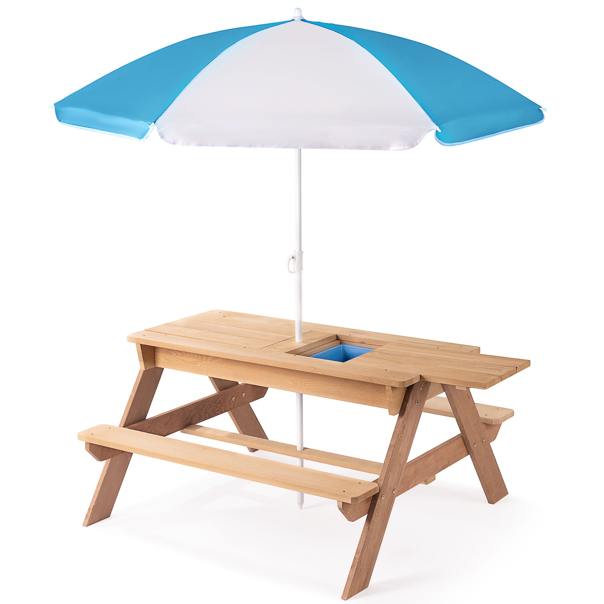 3-In-1 Kids Outdoor Wooden Picnic Table With Umbrella, Convertible Sand & Water, ASTM & CPSIA Certification - Natural Wood