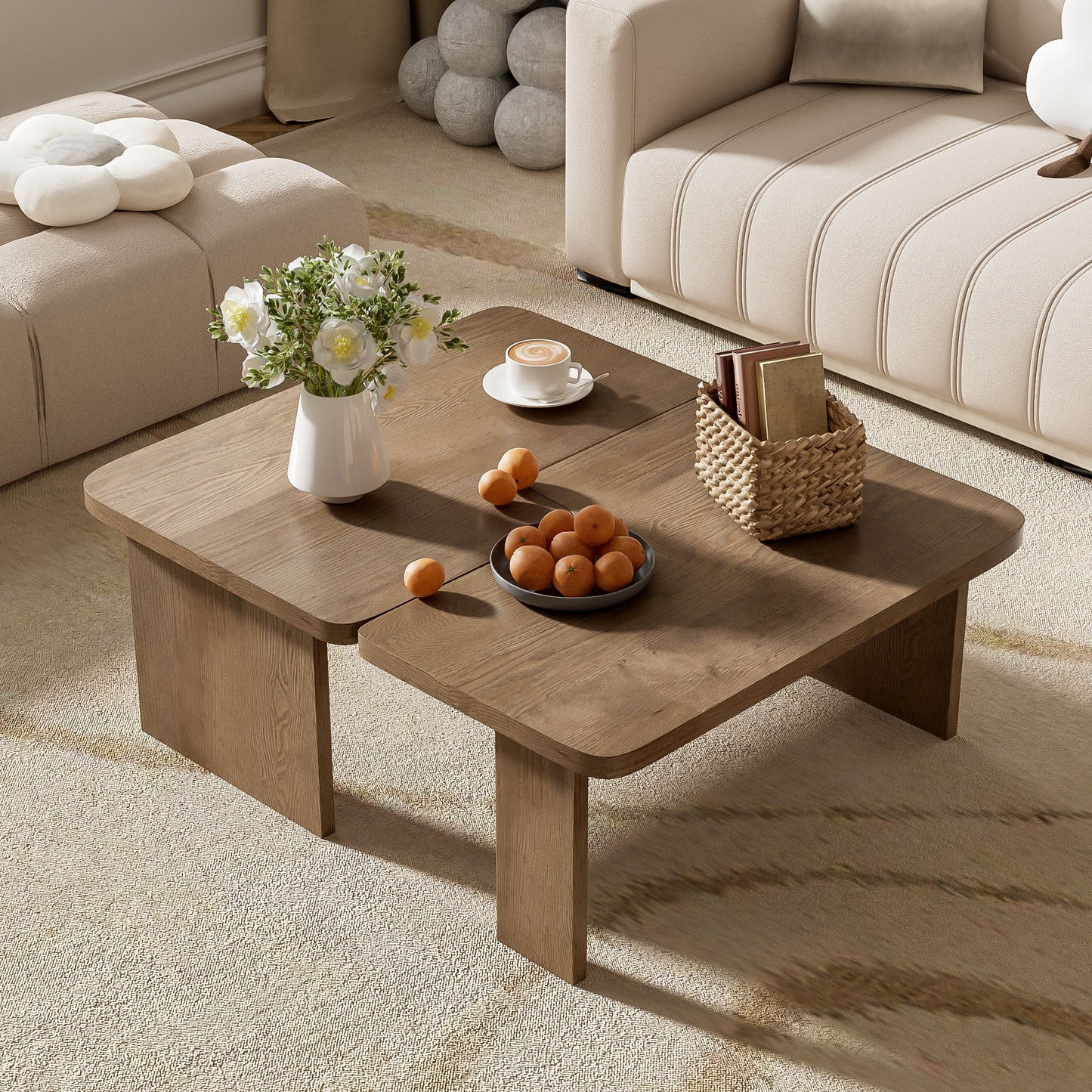 Modern Minimalist Coffee Table Set, Rectangle Coffee Table With Splicing Design, Multifunctional Combination Table For Living Room - Natural