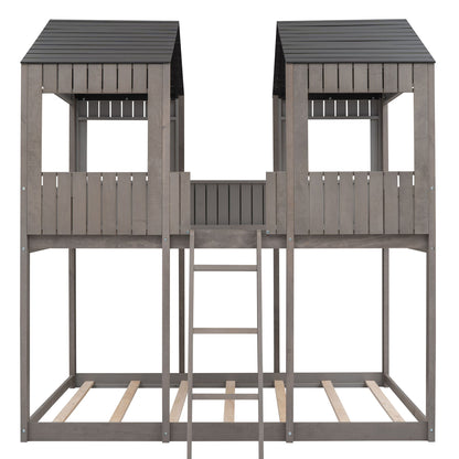 Full Over Full Bunk Bed With Roof, Window, Guardrail, Ladder - Antique Gray
