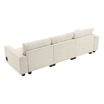 Sectional With Bluetooth Speaker Comfy Cloud Couch Set With Drop Down Table Cup Holders, USB Charger Storage Armrest Wide Seat Sofa - Beige