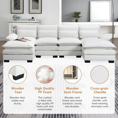 Modern U-Shaped Sectional Sofa With Waist Pillows, 6 Seat Upholstered Symmetrical Sofa Furniture, Sleeper Sofa Couch With Chaise Lounge - White