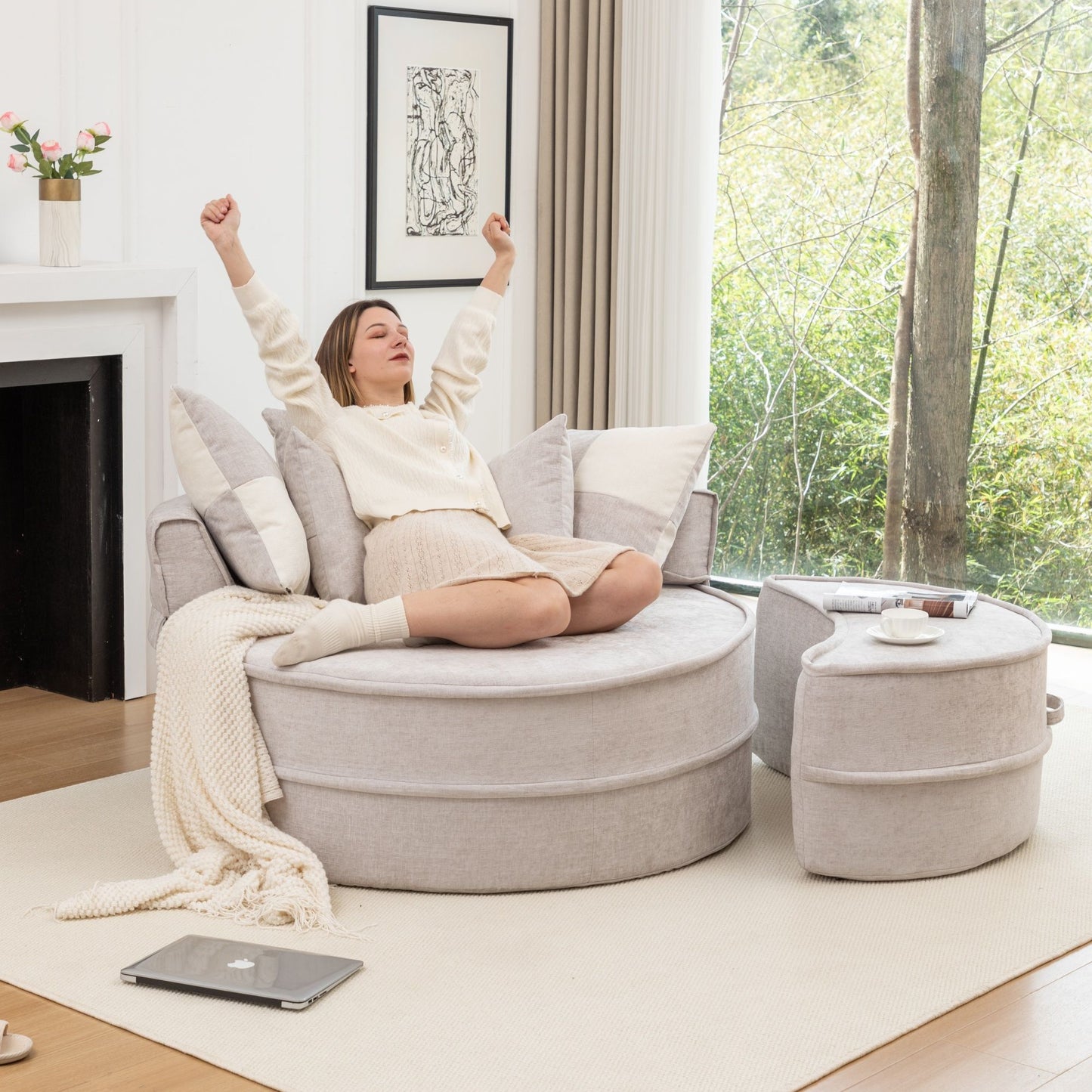 Modern Oversized Round Barrel Accent Chair With Ottoman - Velvet Upholstered Lounge Armchair With 5 Pillows For Living Room Or Bedroom - Gray