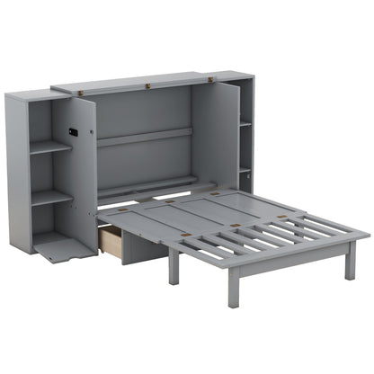 Queen Size Murphy Bed With Shelves, Drawers And USB Ports - Gray