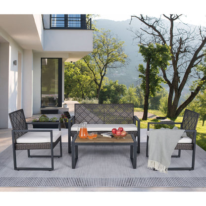 Modern 4 Piece Patio Furniture Set With Acacia Wood Table Top And Beige Cushions - Brown