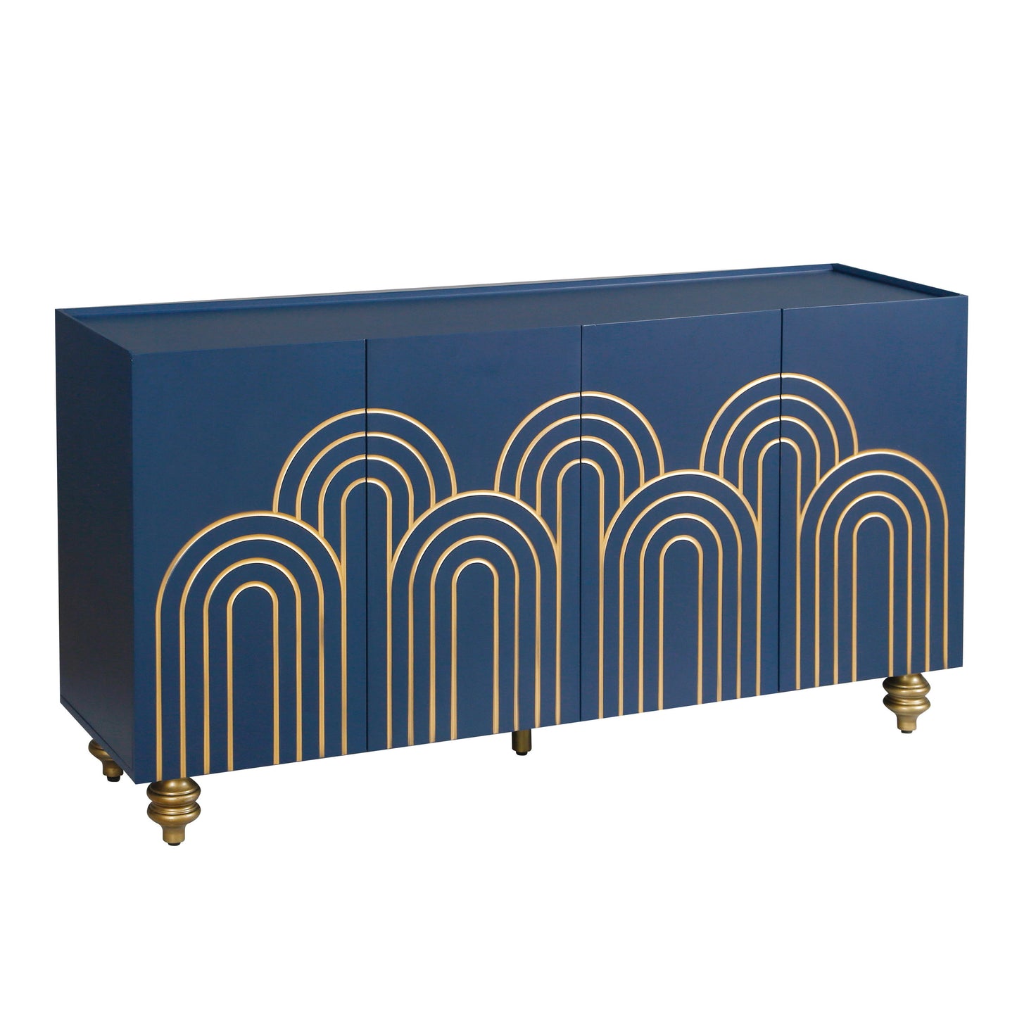 Modern Fluted Sideboard Buffet With Adjustable Shelves, Curve Element With Strict Lines - Navy Blue