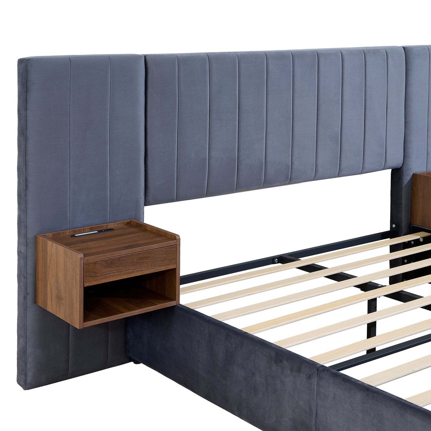 Upholstered Queen Size Bed Frame Of Velvet Tufted Headboard With Floating Nightstand LED / USB Built - Gray