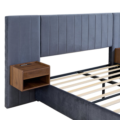 Upholstered Queen Size Bed Frame Of Velvet Tufted Headboard With Floating Nightstand LED / USB Built - Gray