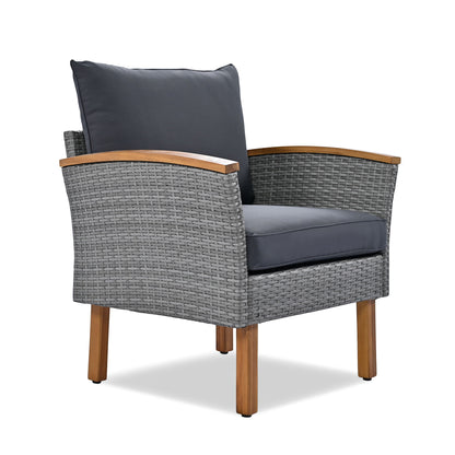 9 Piece Patio Rattan Furniture Set, Outdoor Conversation Set With Acacia Wood Legs And Tabletop, PE Rattan Sectional Sofa Set With Coffee Table, Washable Cushion - Gray