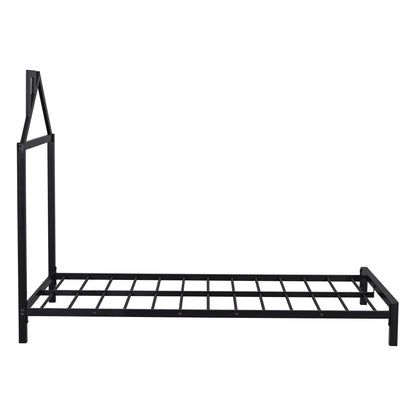 Twin Size Platform Bed With House-Shaped Headboard Design - Black