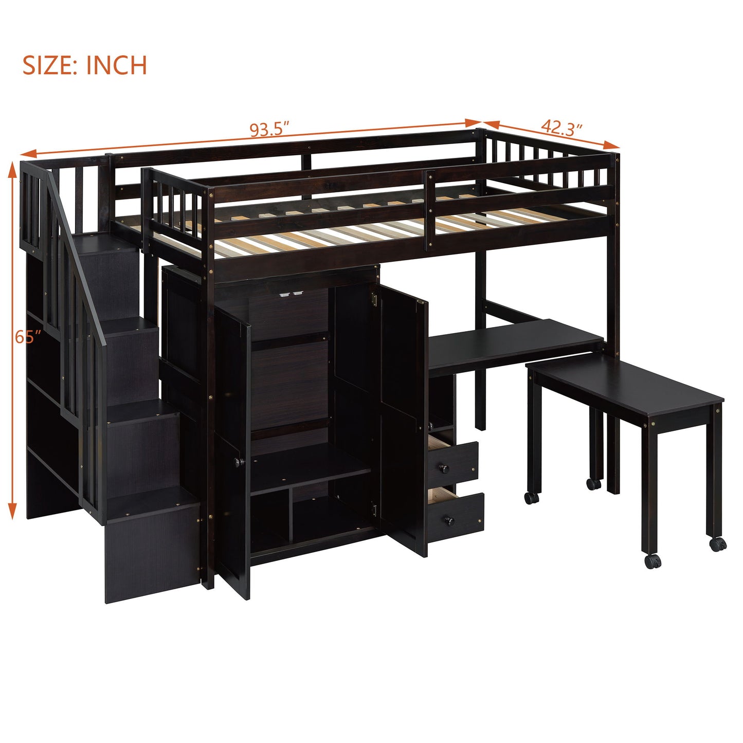 Twin Size Loft Bed With Stairs, Bookshelf, Drawers, Desk & Wardrobe, Space Saving Multifunctional Furniture - Espresso