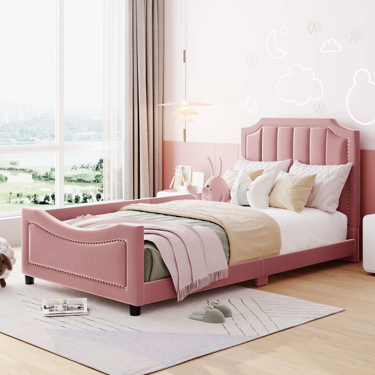 Twin Size Upholstered Daybed With Classic Stripe Shaped Headboard - Pink