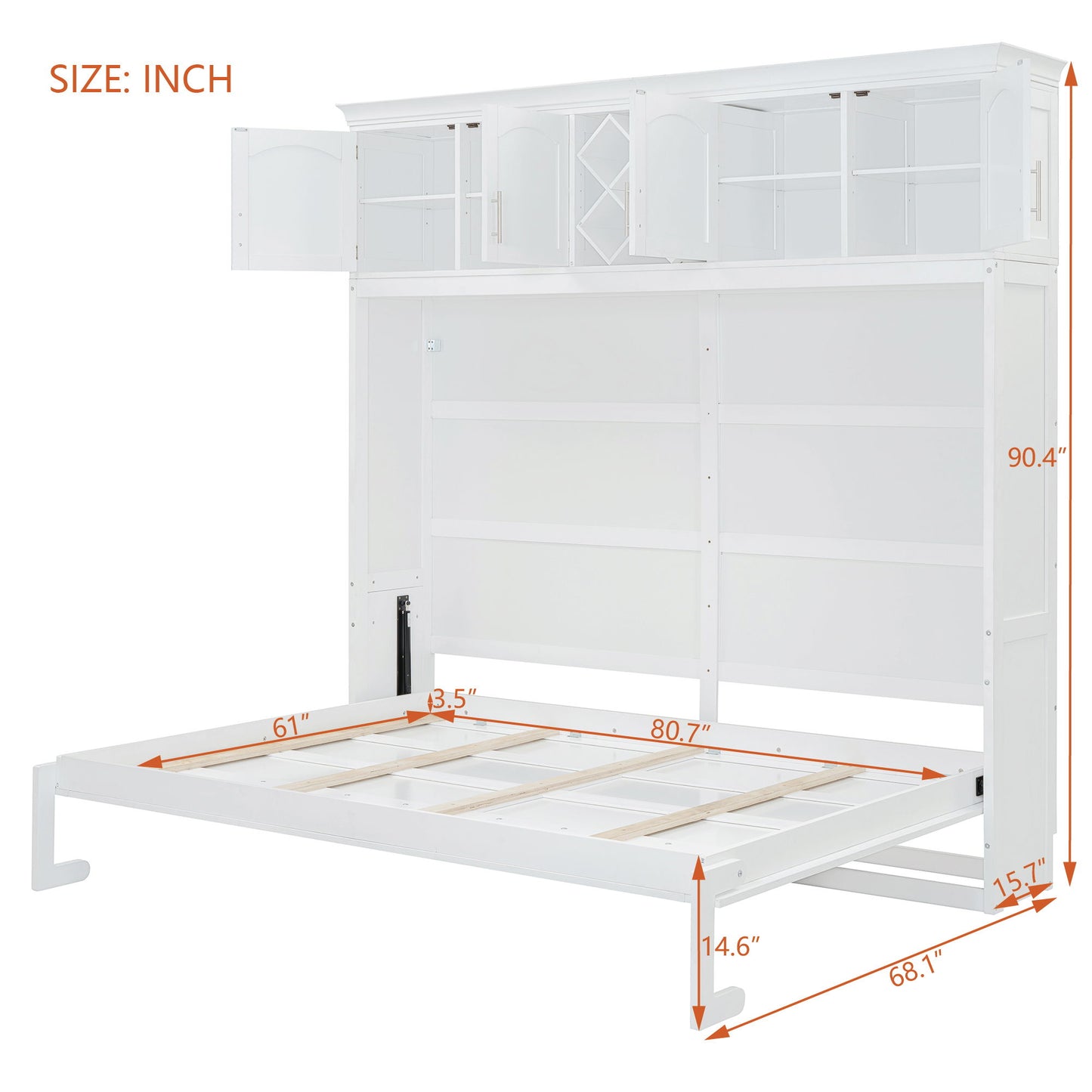 Queen Size Murphy Wall Bed With Top Cabinets & Wine Rack - White