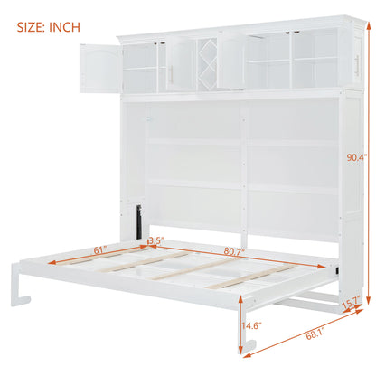 Queen Size Murphy Wall Bed With Top Cabinets & Wine Rack - White