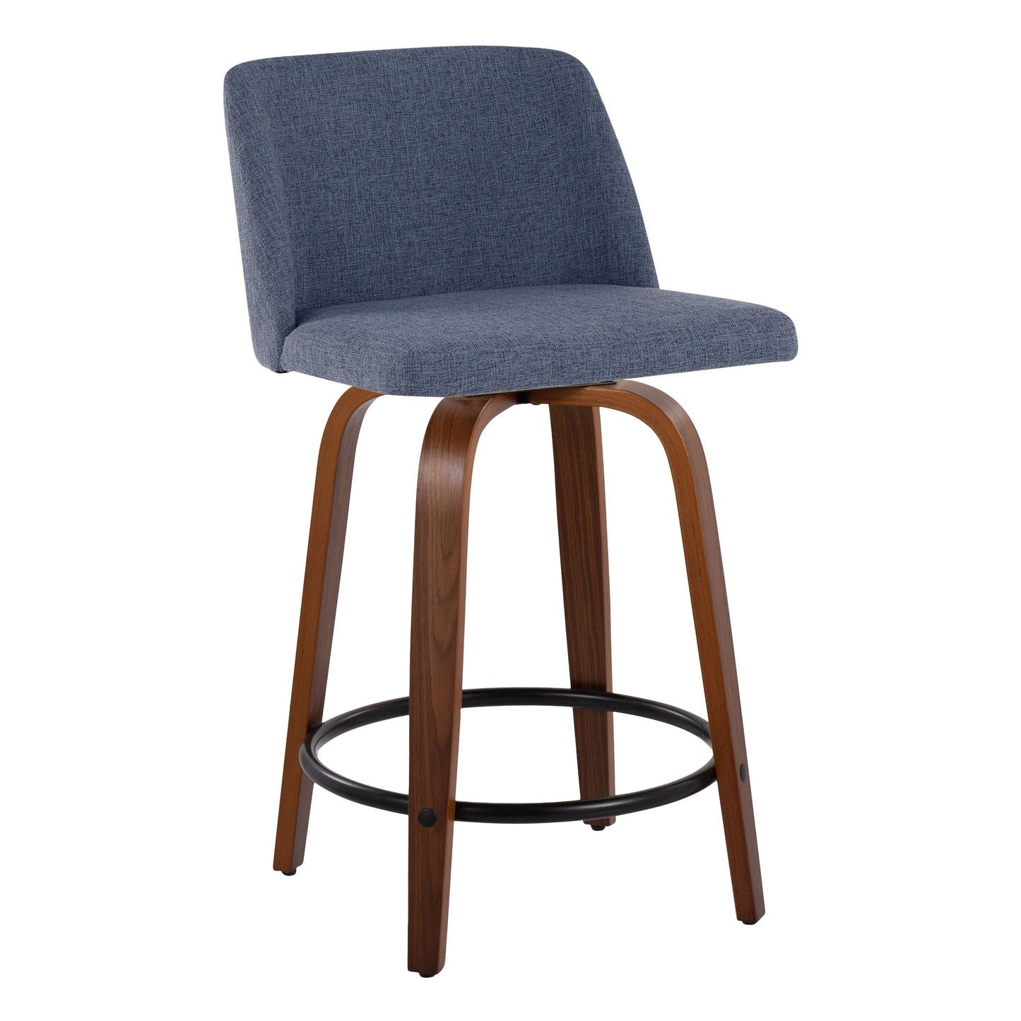 Toriano - Mid-Century Modern Fixed Height Counter Stool & Swivel With Round Footrest (Set of 2) - Walnut / Blue