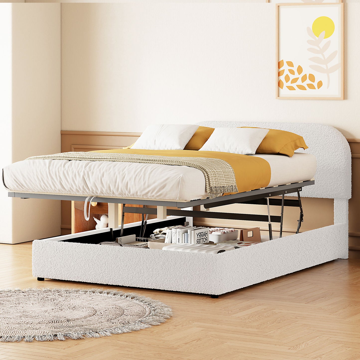 Full Size Upholstered Platform Bed With Hydraulic Storage System - White
