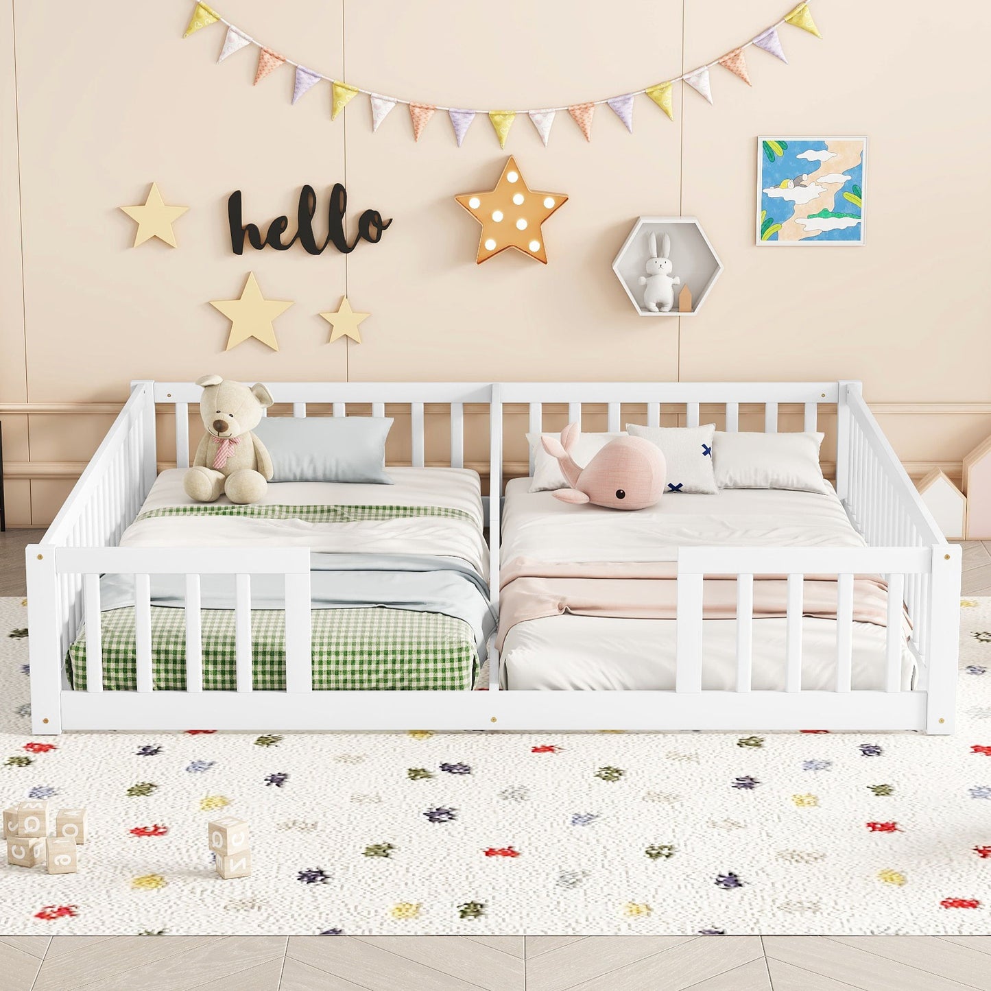 Double Twin Floor Bed With Fence, Guardrails, Without Door - White