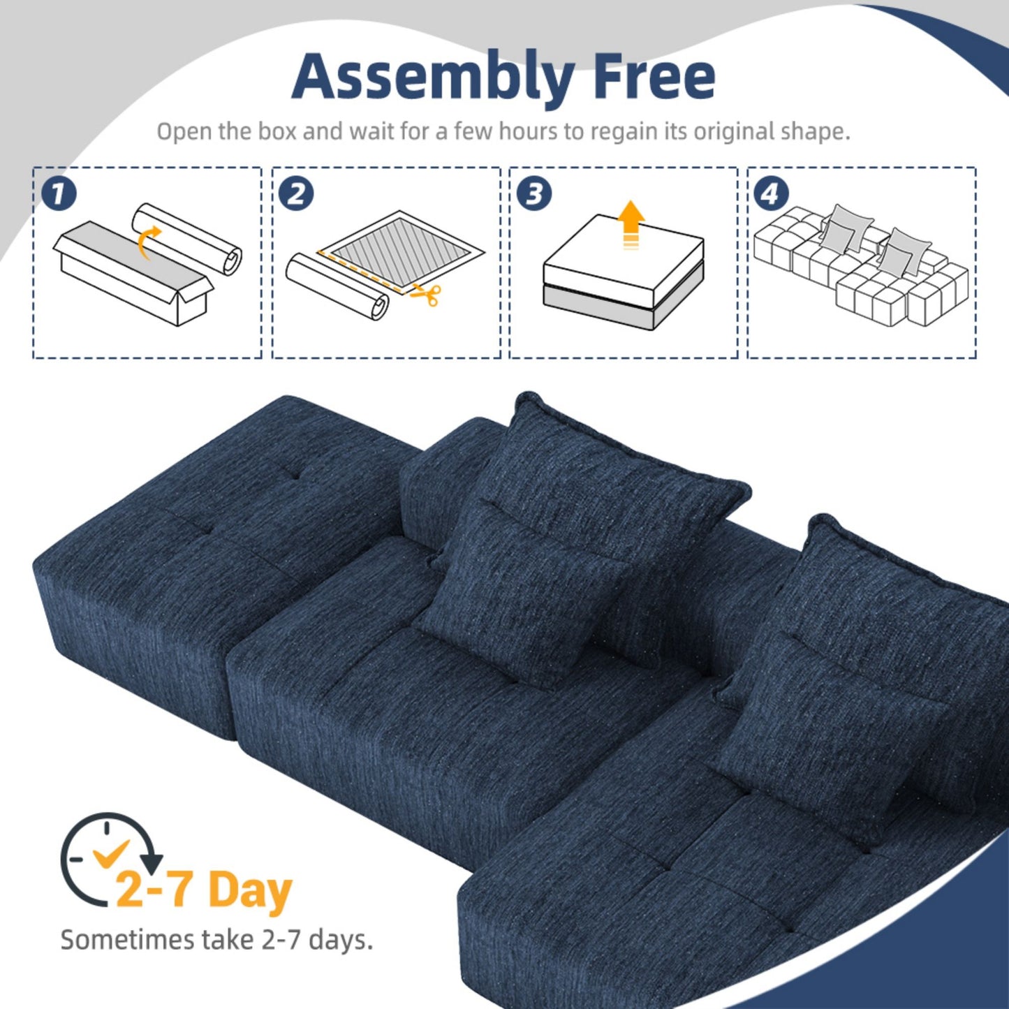 Modern Oversized Modular Sectional Sofa With Ottoman, Seat, Chaise Lounge And Armrest, Sparkling Chenille Fabric Soft Cushion Sofa With 4 Pillows, 4 Pieces Diy Combination Tufted Sofa, No Assembly Required - Blue
