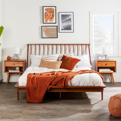 Mid-Century Modern Solid Wood Queen Platform Bed Frame With Spindle Headboard - Walnut
