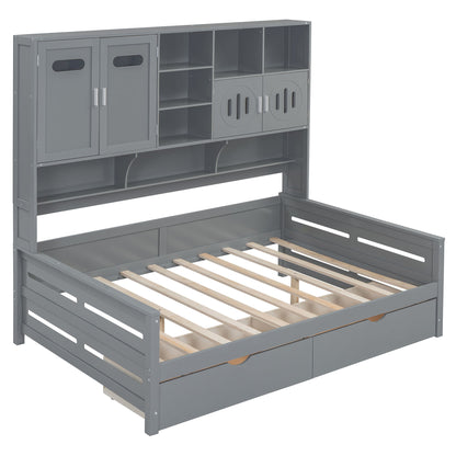Full Size Daybed With 2 Drawers And All In One Cabinet And Shelf - Gray