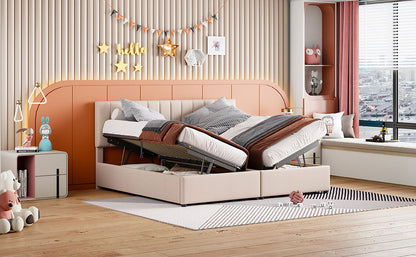King Size Upholstered Platform Bed With A Hydraulic Storage System - Beige