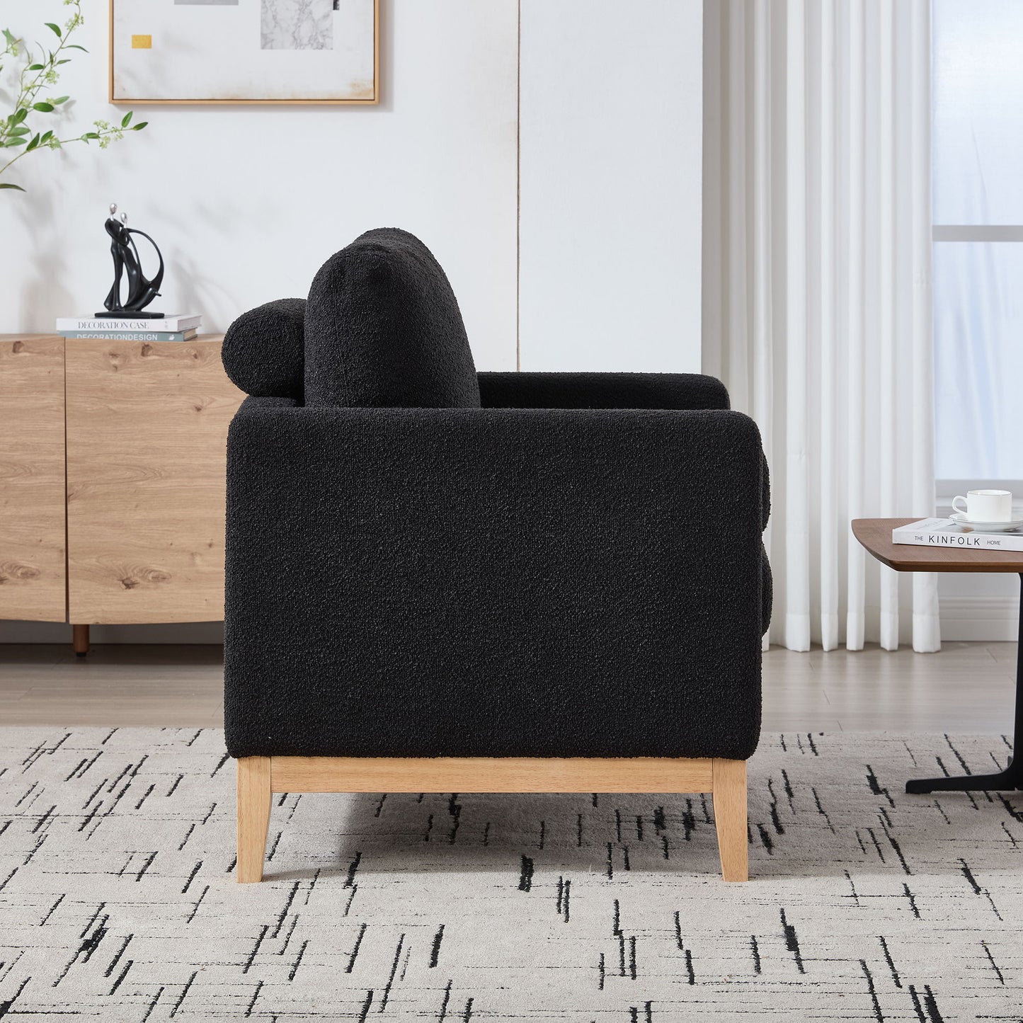 Wide Modern Farmhouse Performance Accent Chair With Natural Wood Legs, Wood Base Reading Armchair Single Sofa With 2 Bolster Pillows For Living Room Offices And Lounge - Black