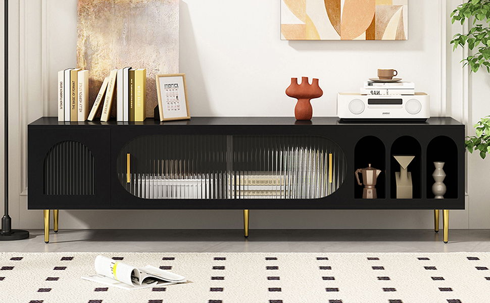 Modern TV Stand For Up To 70" TV, Entertainment Center TV Media Console Table, With 3 Shelves And 2 Cabinets, TV Console Cabinet Furniture For Living Room - Black