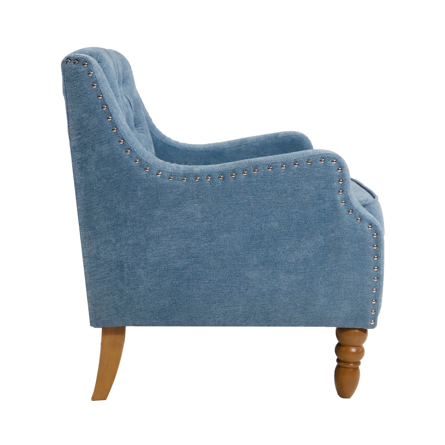 Accent Chair, Living Room Chair, Footrest Chair Set With Vintage Brass Studs, Button Tufted Upholstered Armchair For Living Room, Comfy Reading Chair For Bedroom, Reception Room - Blue