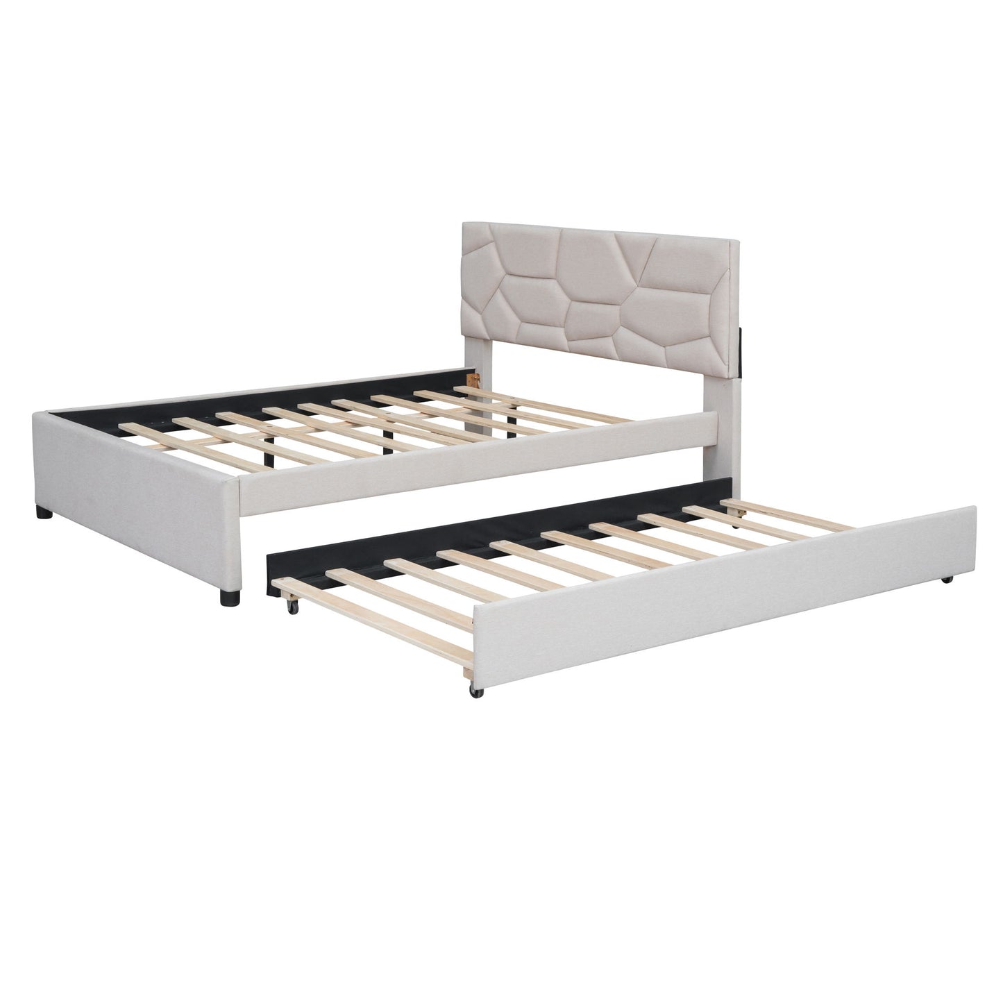 Full Size Upholstered Platform Bed With Brick Pattern Headboard And Twin Size Trundle - Beige