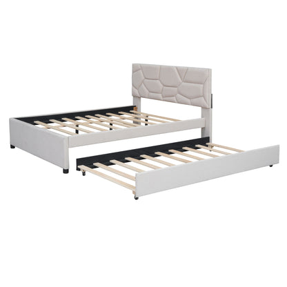 Full Size Upholstered Platform Bed With Brick Pattern Headboard And Twin Size Trundle - Beige