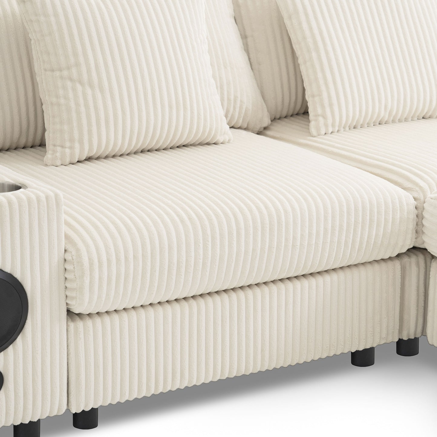 Sectional With Bluetooth Speakers L Shaped Couch With Console USB Charger, Cup Holders Storage Ottoman Deep And Wide Seat Cloud Sofa - Cream