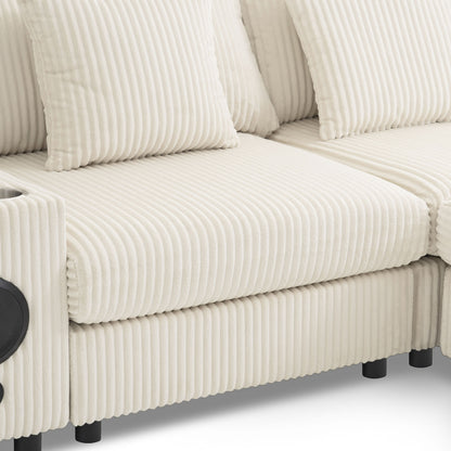 Sectional With Bluetooth Speakers L Shaped Couch With Console USB Charger, Cup Holders Storage Ottoman Deep And Wide Seat Cloud Sofa - Cream
