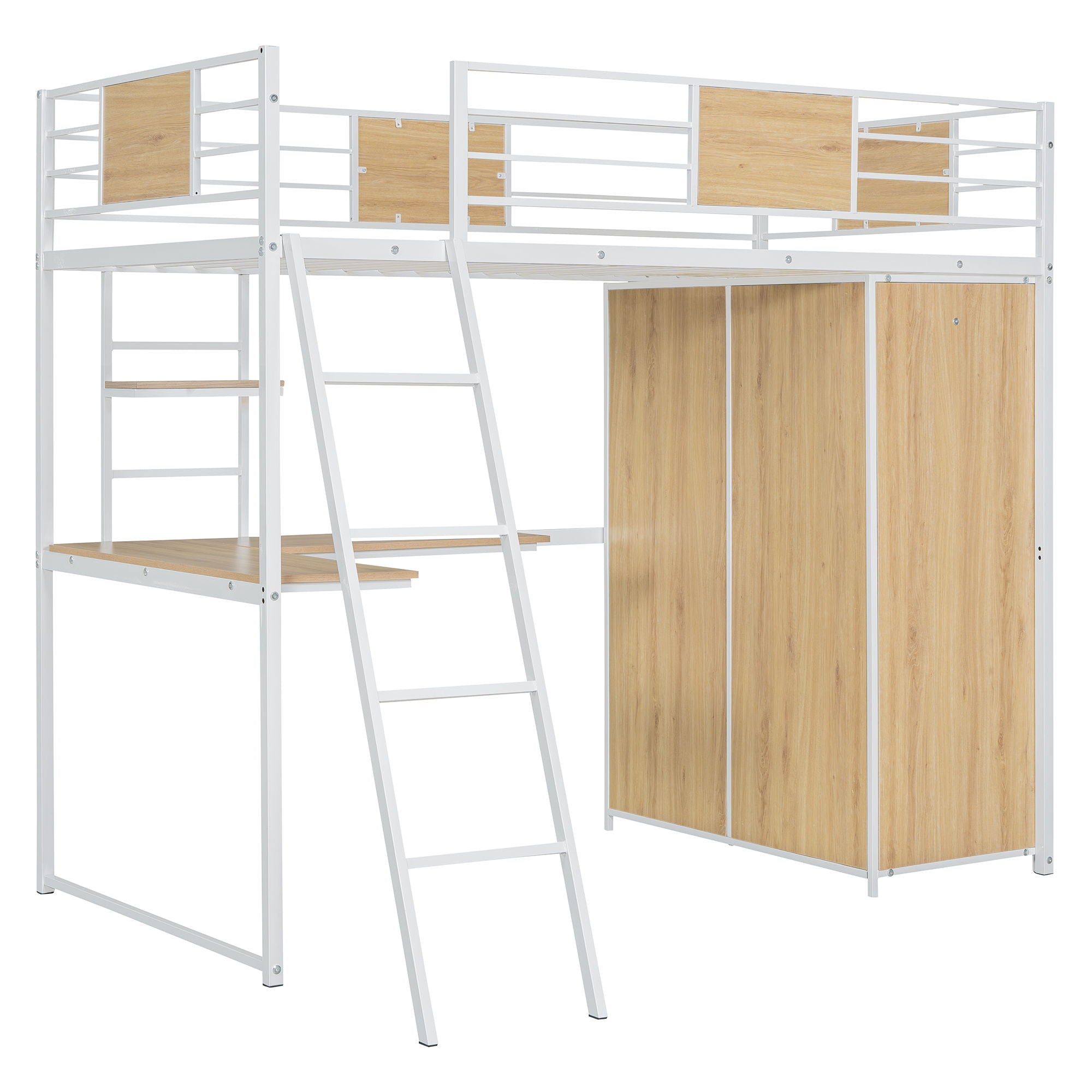 Twin Size Loft Bed With L Shape Desk And Wardrobe - White